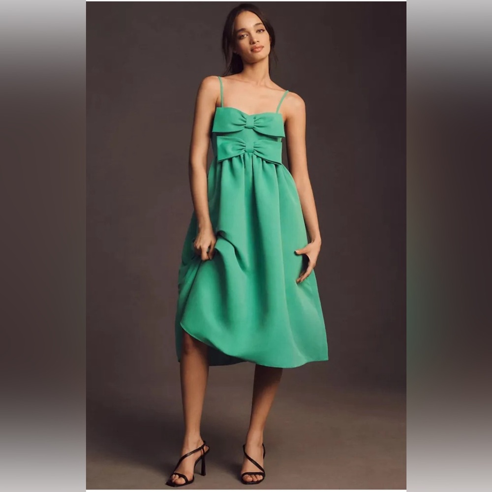 NWT Sachin & Babi Sloane Taffeta Double-Bow Midi Dress‎ Size 6 Green